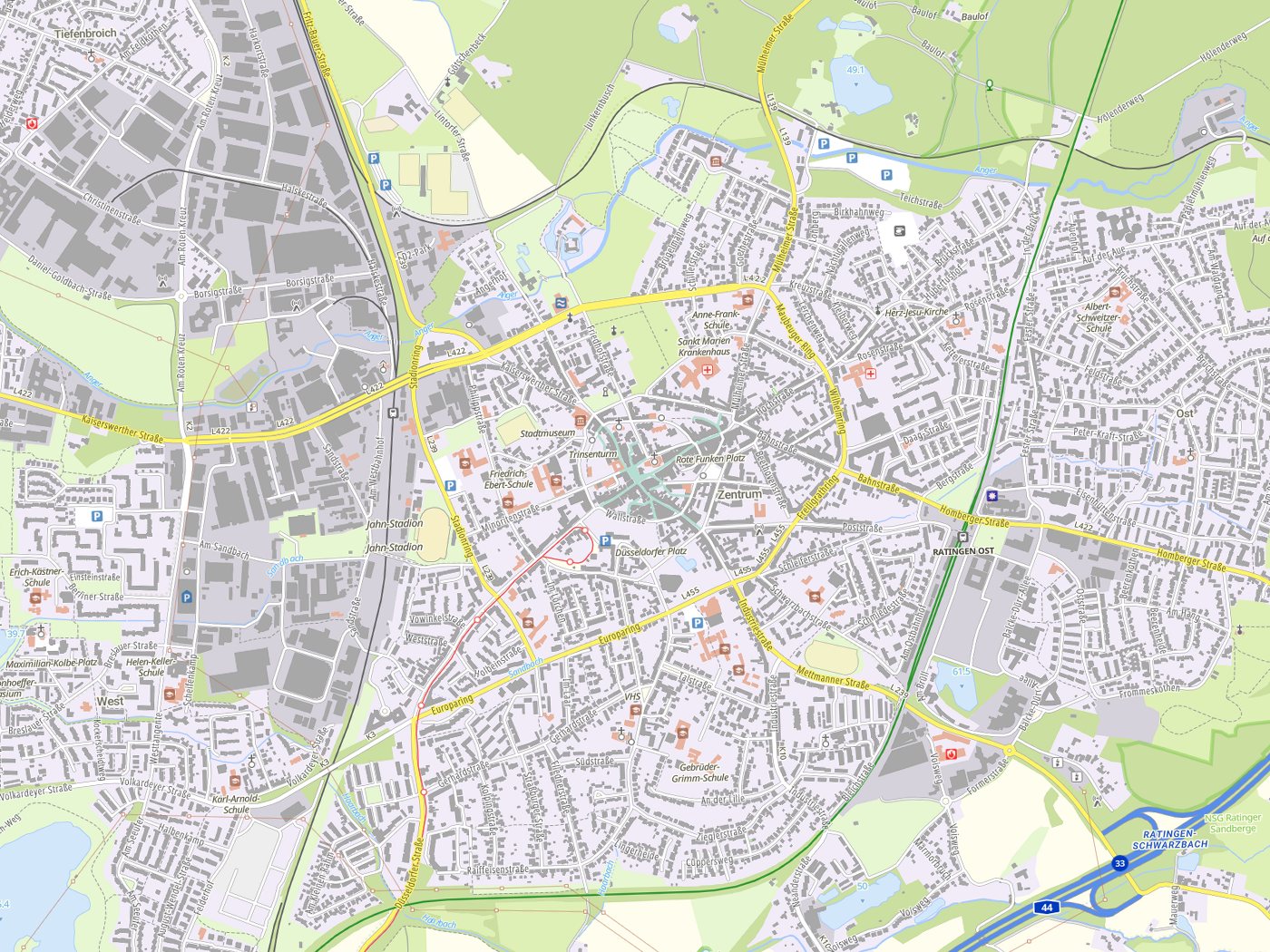 Kartenausschnitt Ratingen mit Gewässern