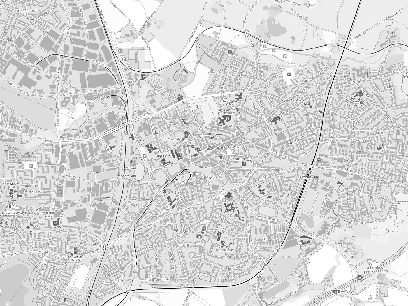 Kartenausschnitt Ratingen mit Gewässern