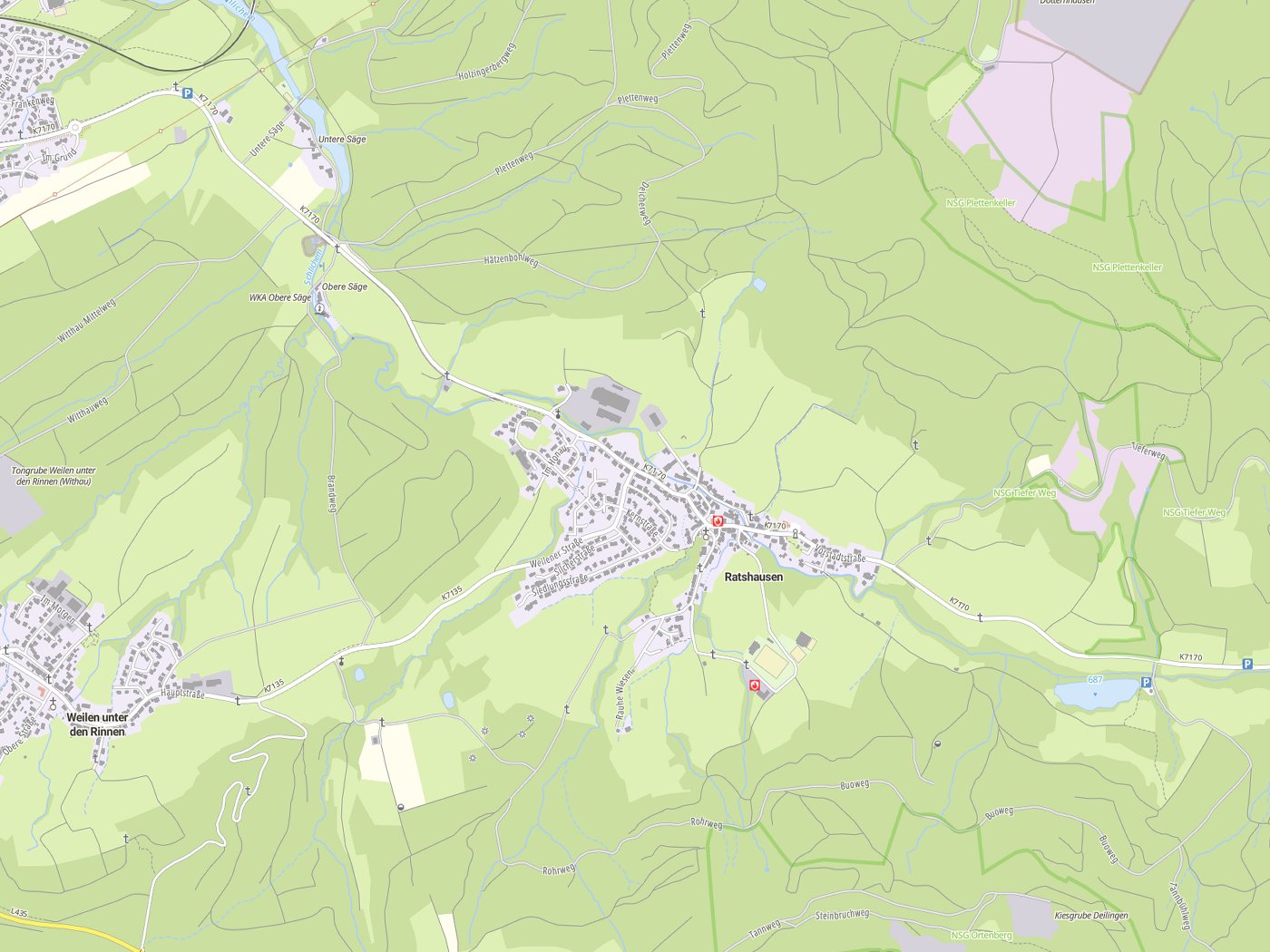 Kartenausschnitt Ratshausen mit Gewässern