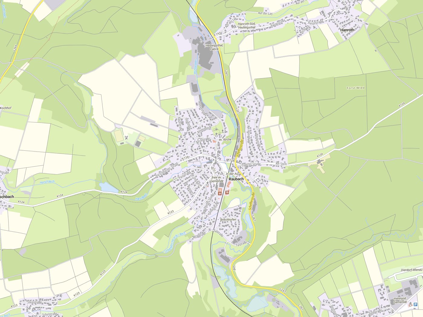 Kartenausschnitt Raubach mit Gewässern