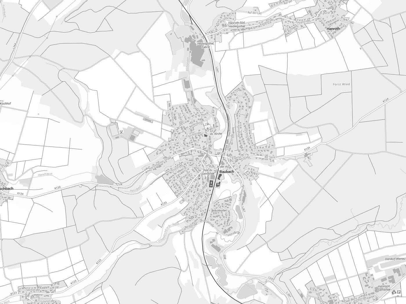 Kartenausschnitt Raubach mit Gewässern