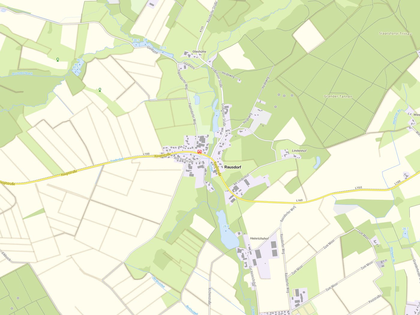 Kartenausschnitt Rausdorf mit Gewässern