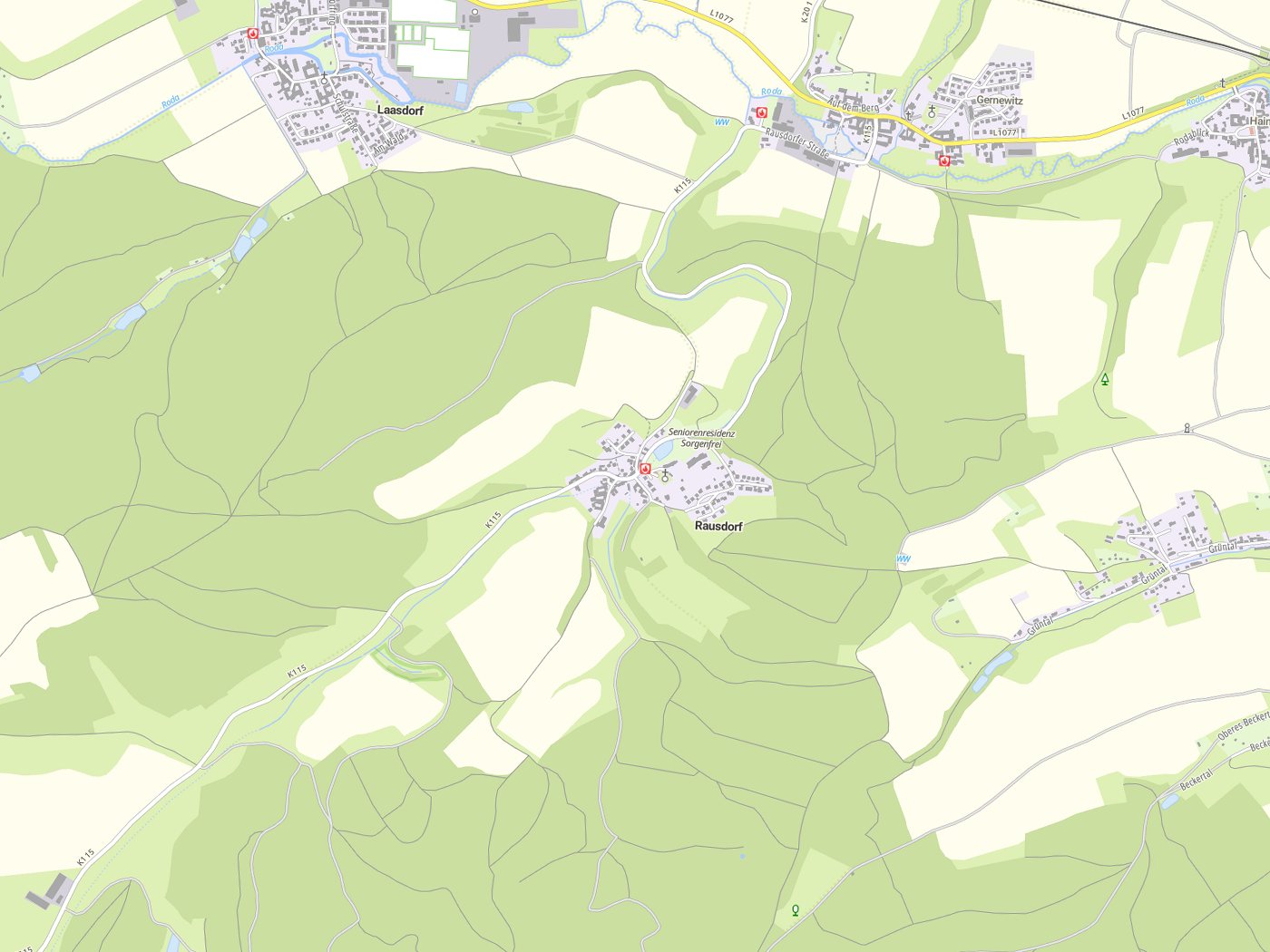Kartenausschnitt Rausdorf mit Gewässern