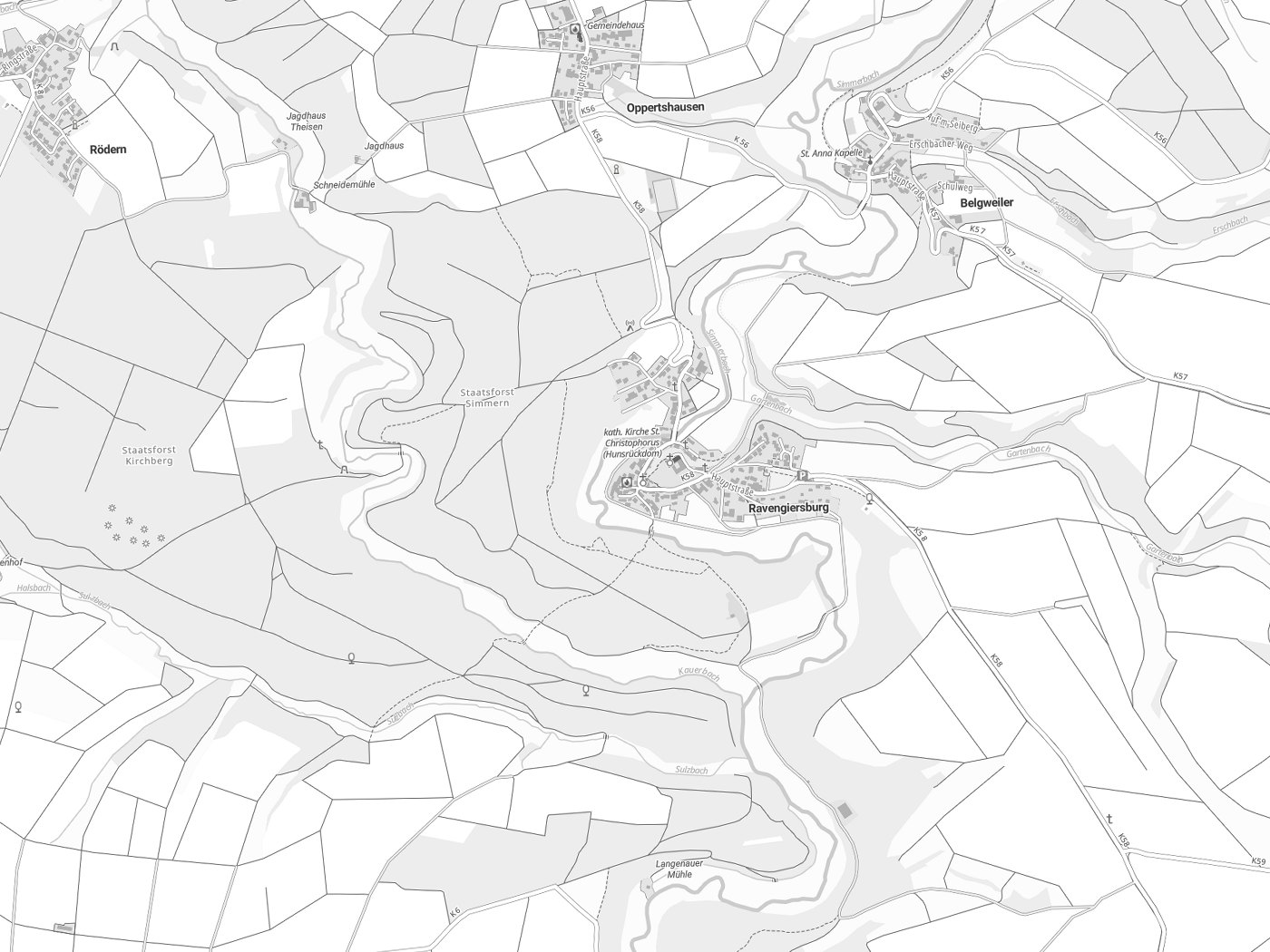 Kartenausschnitt Ravengiersburg mit Gewässern