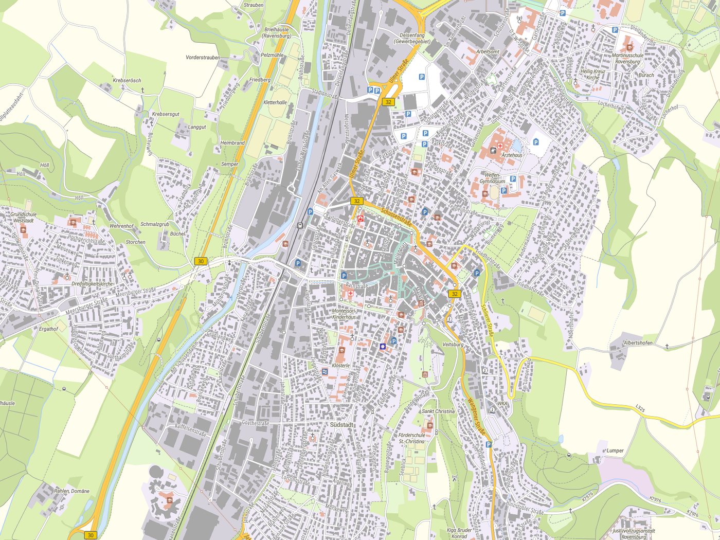 Kartenausschnitt Ravensburg mit Gewässern