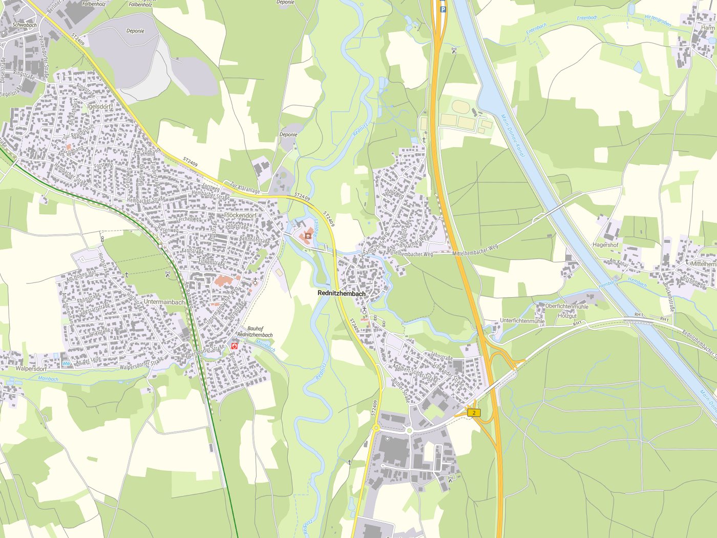 Kartenausschnitt Rednitzhembach mit Gewässern