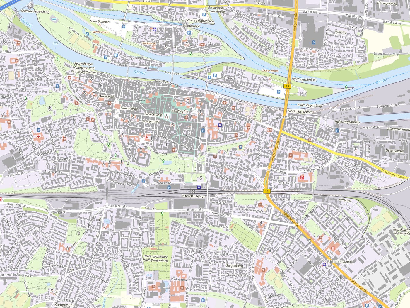 Kartenausschnitt Regensburg mit Gewässern