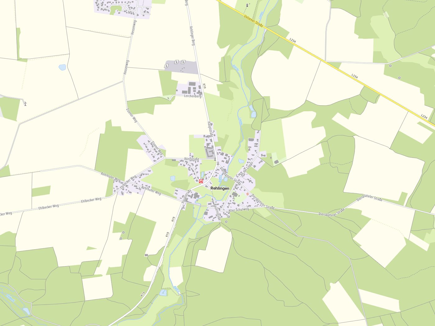 Kartenausschnitt Rehlingen mit Gewässern