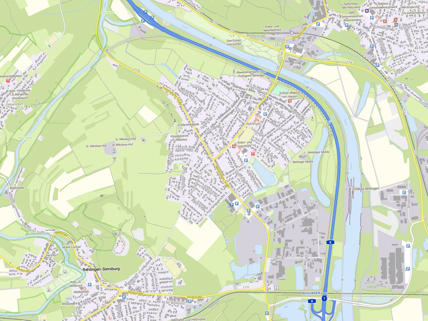 Kartenausschnitt Rehlingen-Siersburg mit Gewässern