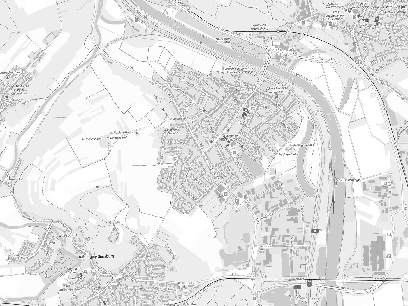 Kartenausschnitt Rehlingen-Siersburg mit Gewässern