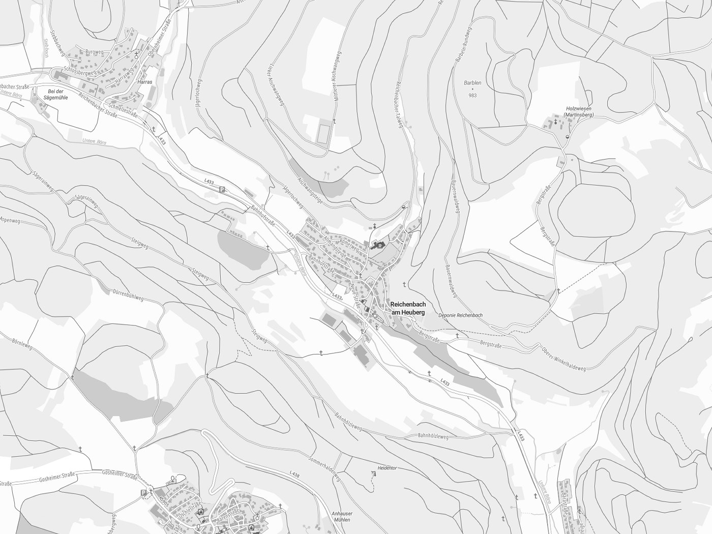 Kartenausschnitt Reichenbach am Heuberg mit Gewässern