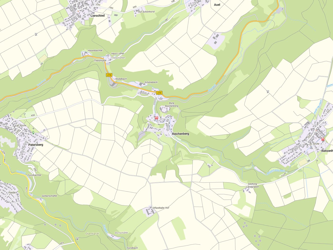 Kartenausschnitt Reichenberg mit Gewässern