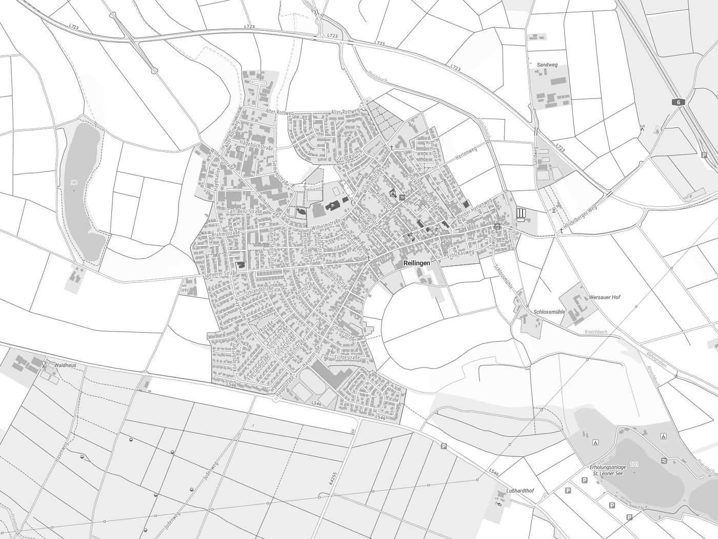 Kartenausschnitt Reilingen mit Gewässern