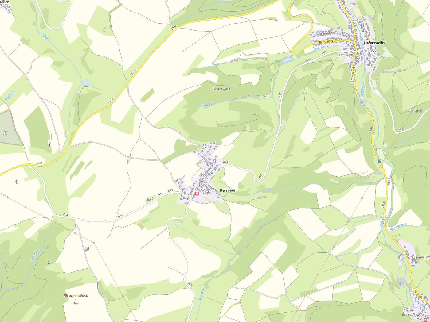 Kartenausschnitt Relsberg mit Gewässern