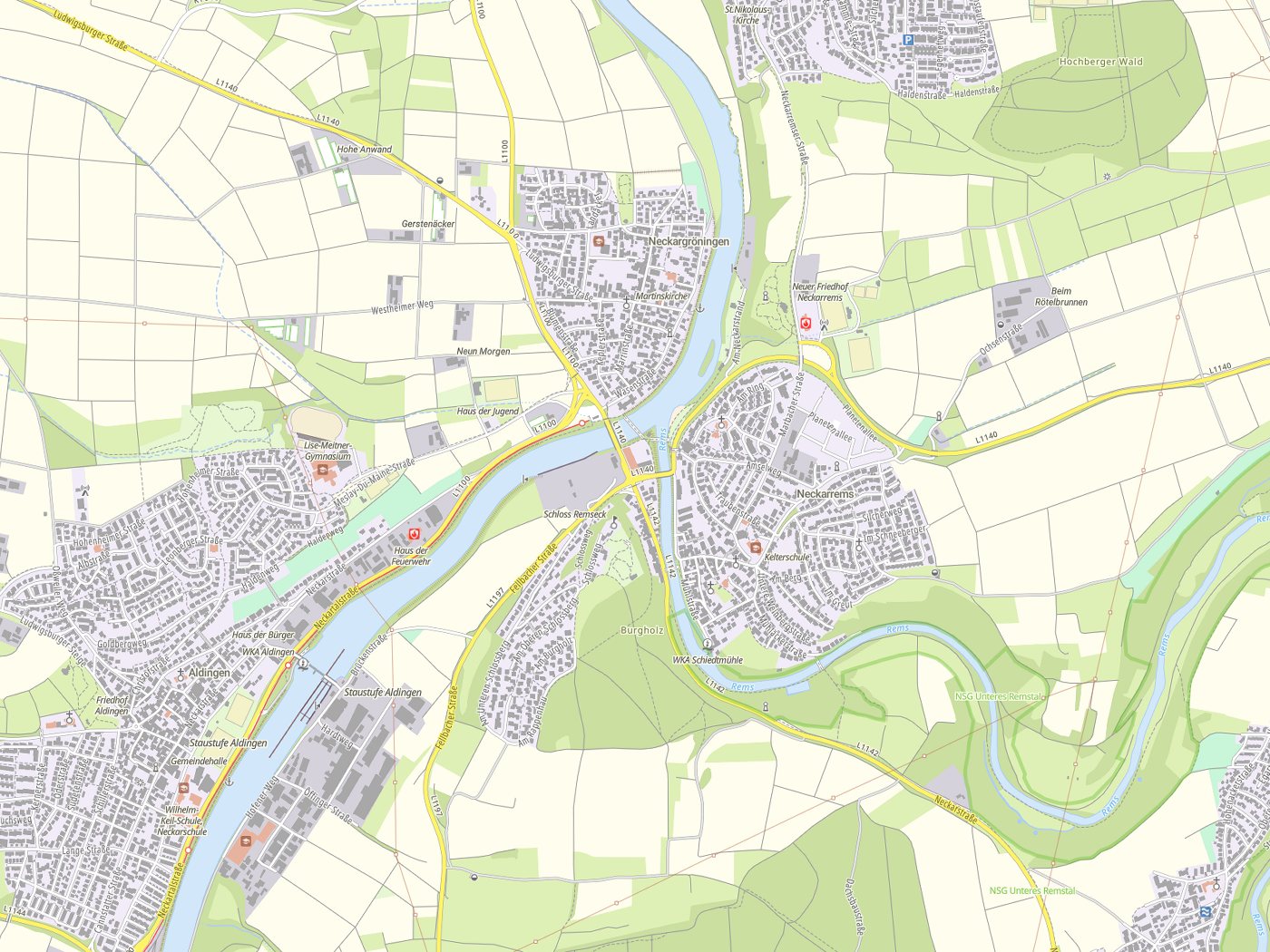 Kartenausschnitt Remseck am Neckar mit Gewässern