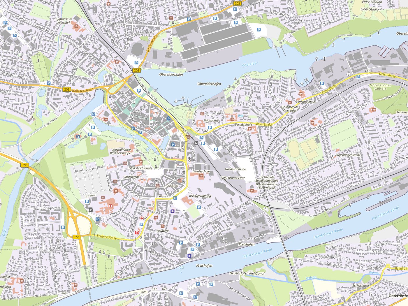 Kartenausschnitt Rendsburg mit Gewässern
