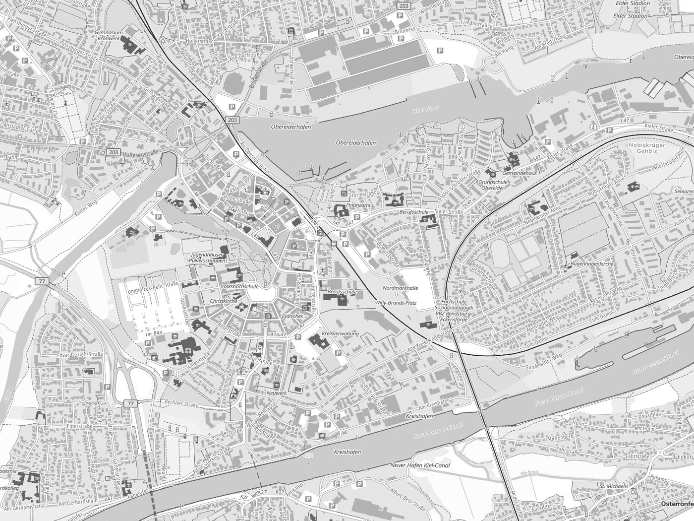 Kartenausschnitt Rendsburg mit Gewässern