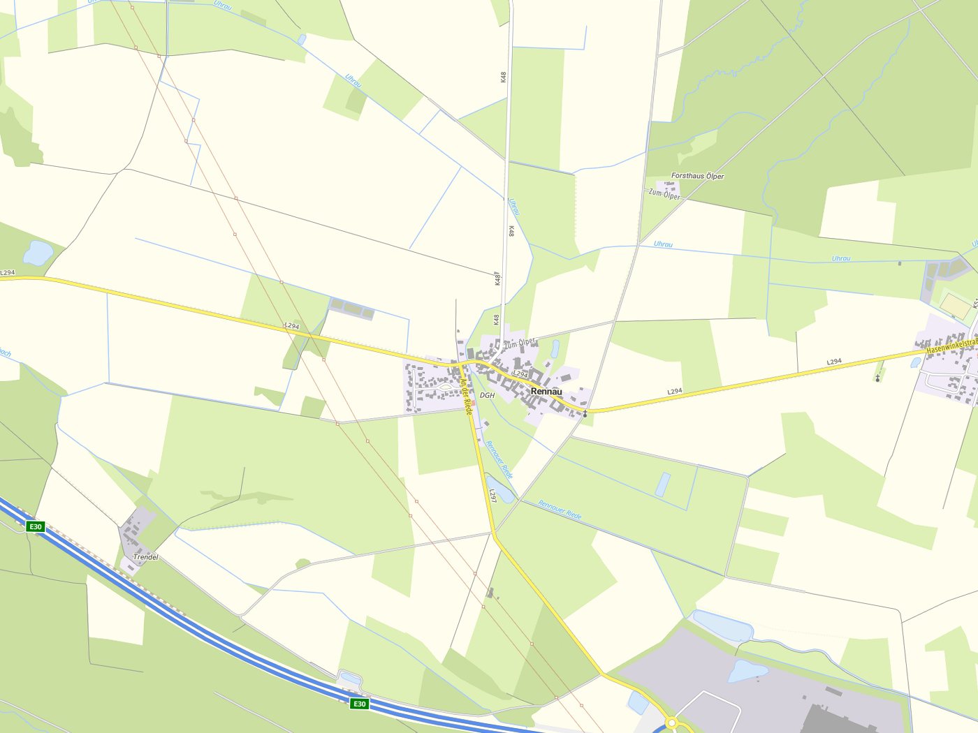 Kartenausschnitt Rennau mit Gewässern