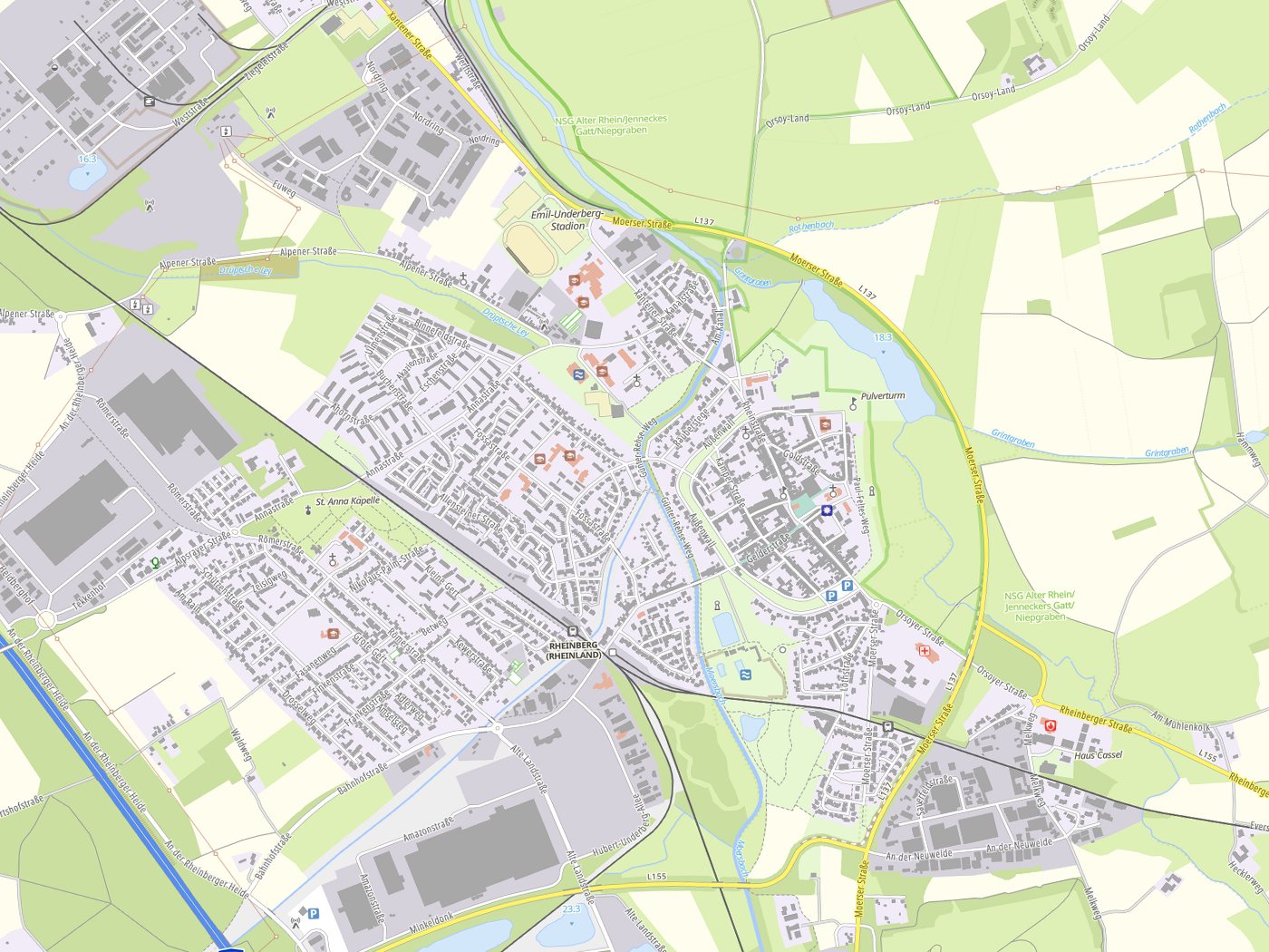 Kartenausschnitt Rheinberg mit Gewässern