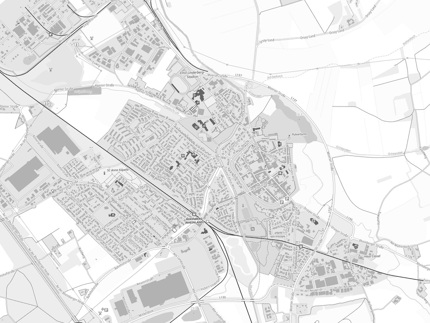 Kartenausschnitt Rheinberg mit Gewässern