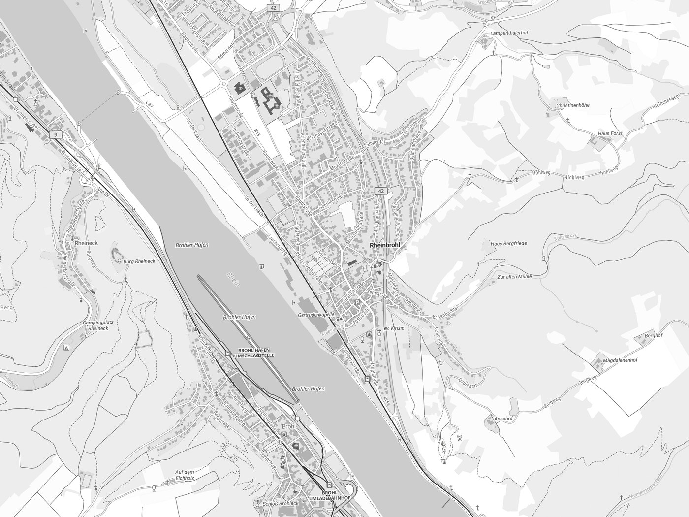 Kartenausschnitt Rheinbrohl mit Gewässern