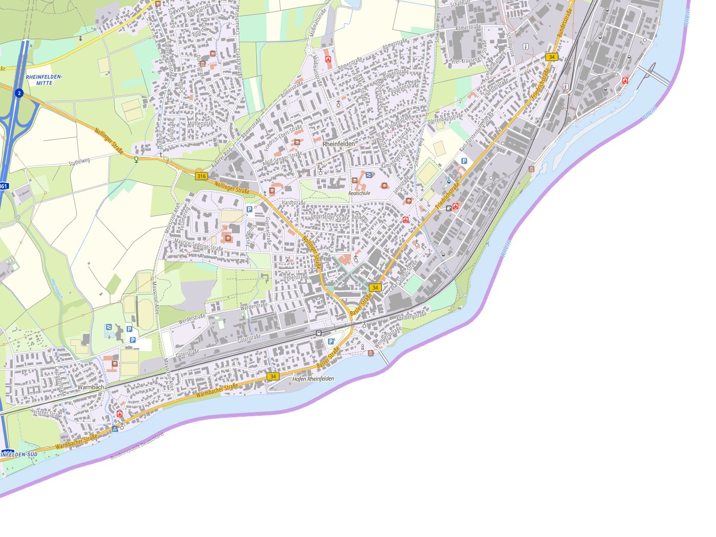 Kartenausschnitt Rheinfelden mit Gewässern