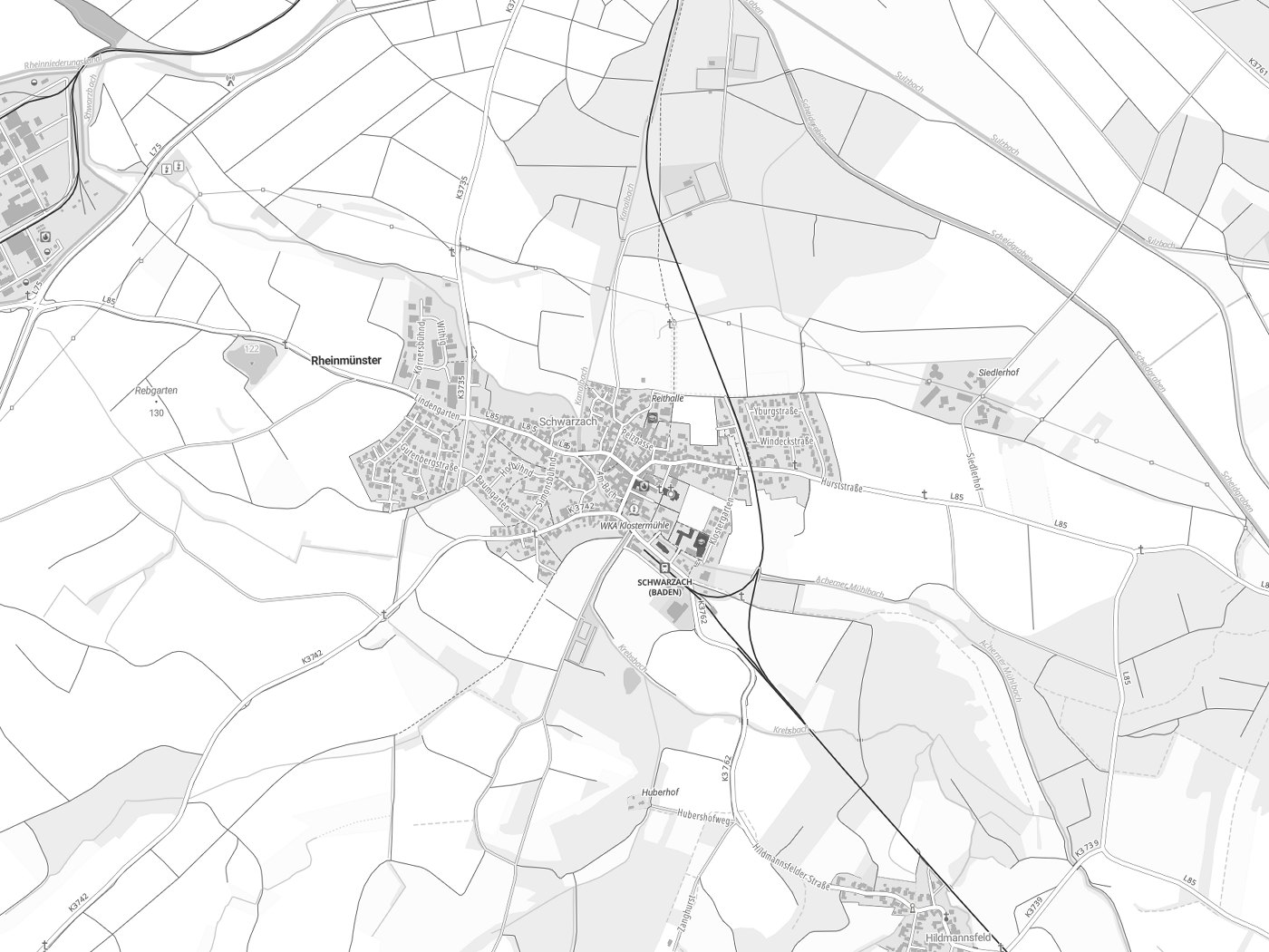 Kartenausschnitt Rheinmünster mit Gewässern