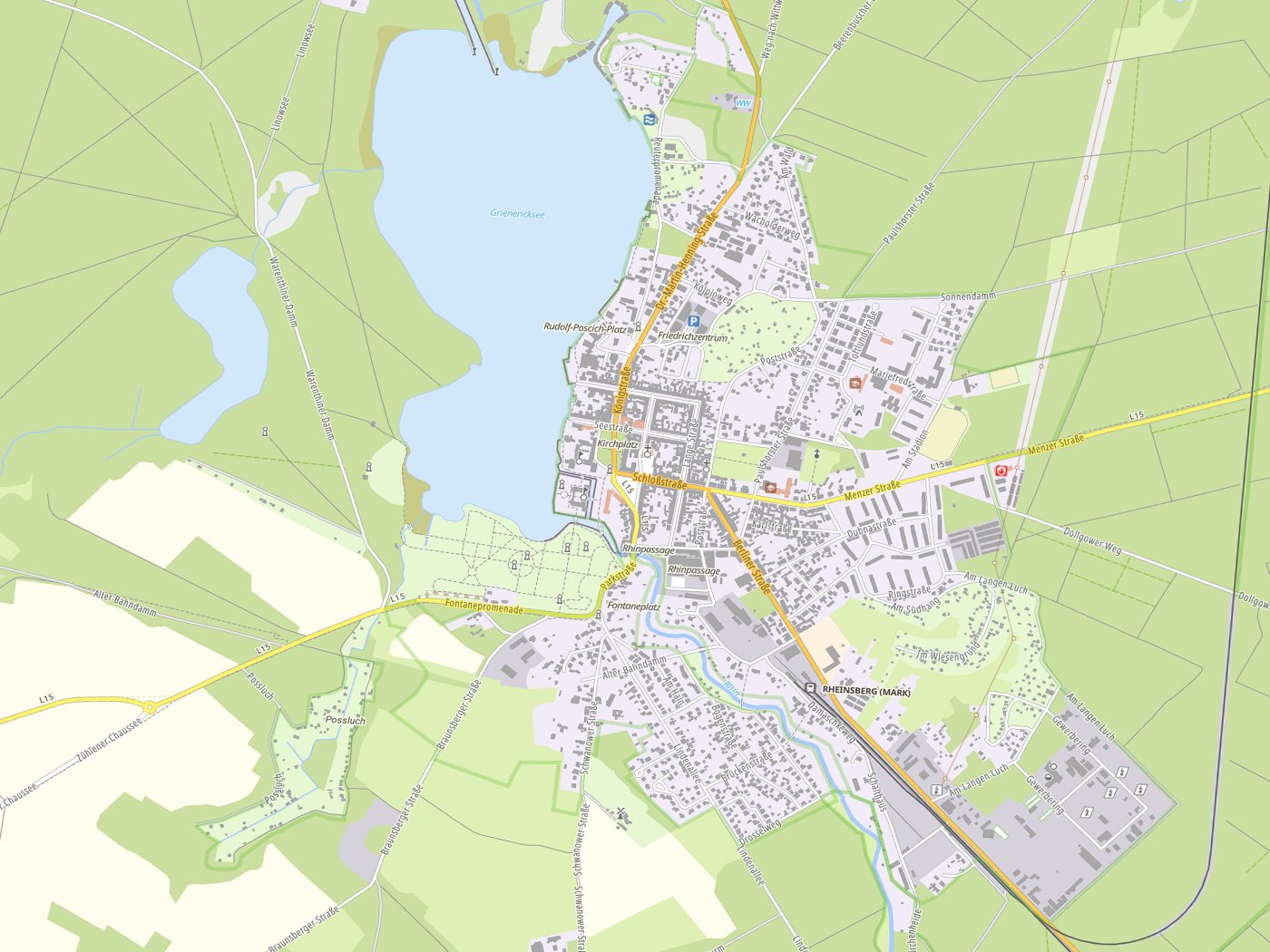 Kartenausschnitt Rheinsberg mit Gewässern