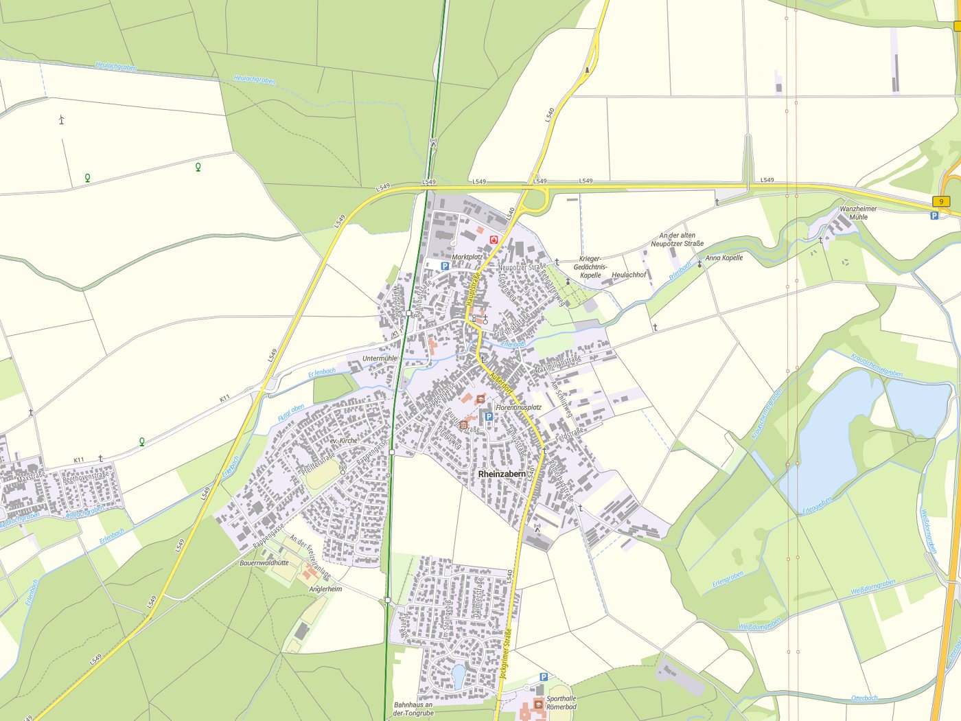 Kartenausschnitt Rheinzabern mit Gewässern