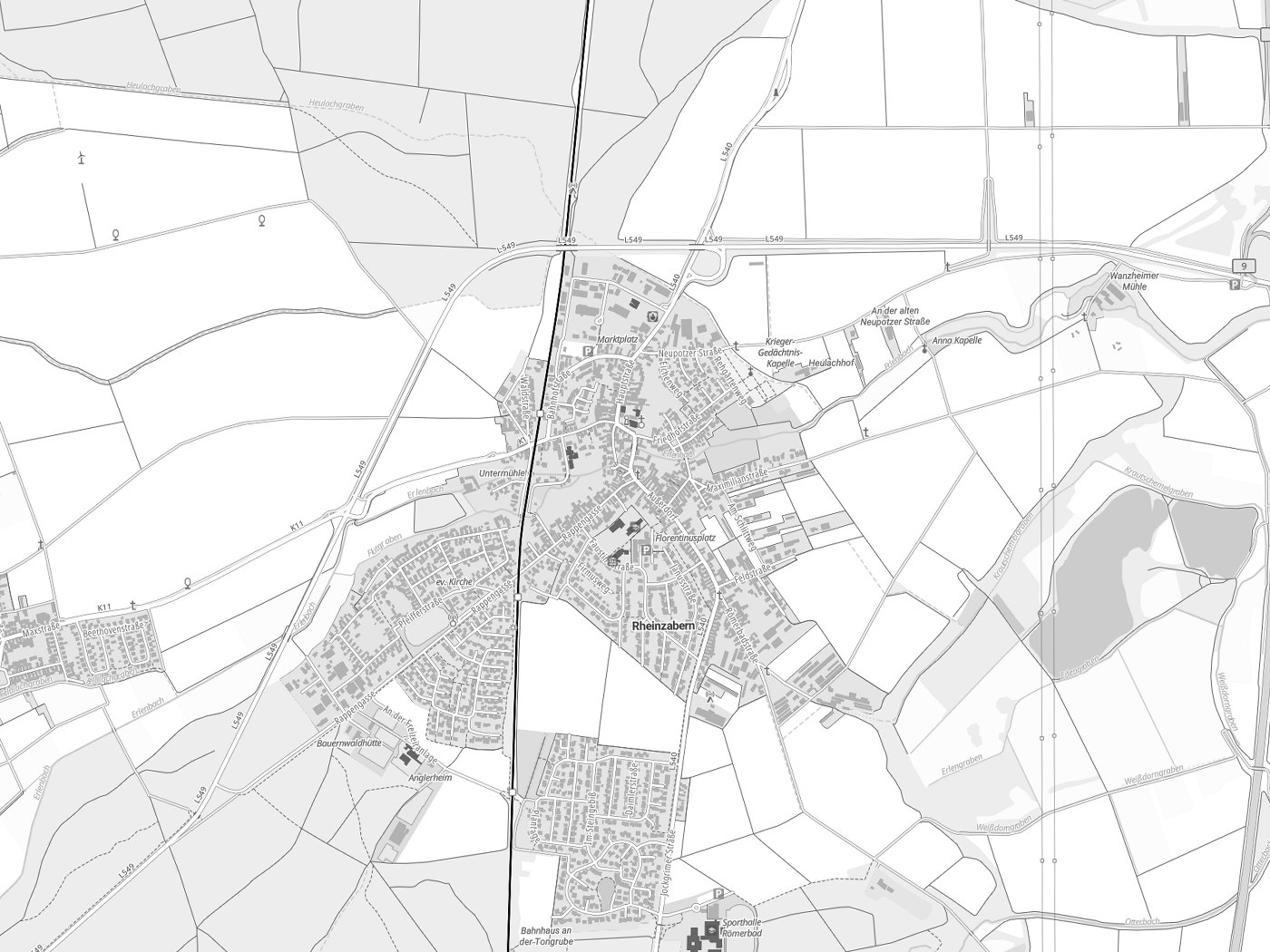 Kartenausschnitt Rheinzabern mit Gewässern