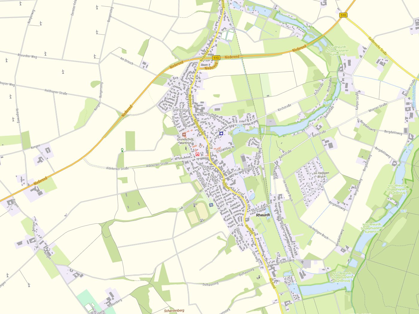 Kartenausschnitt Rheurdt mit Gewässern