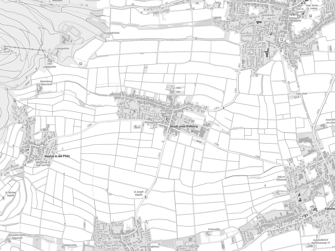 Kartenausschnitt Rhodt unter Rietburg mit Gewässern