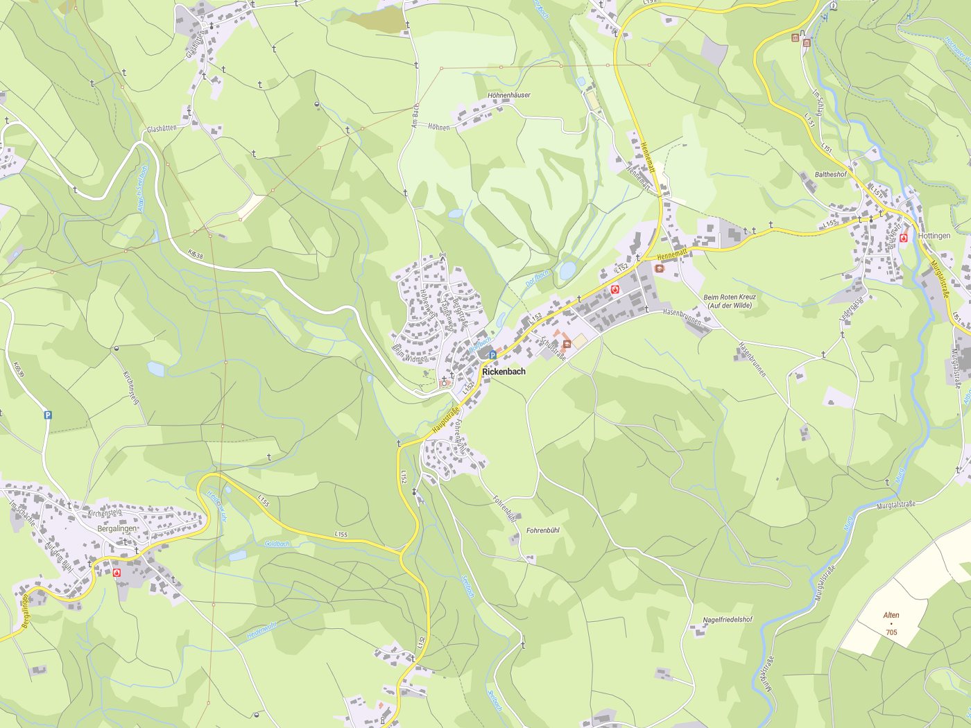 Kartenausschnitt Rickenbach mit Gewässern