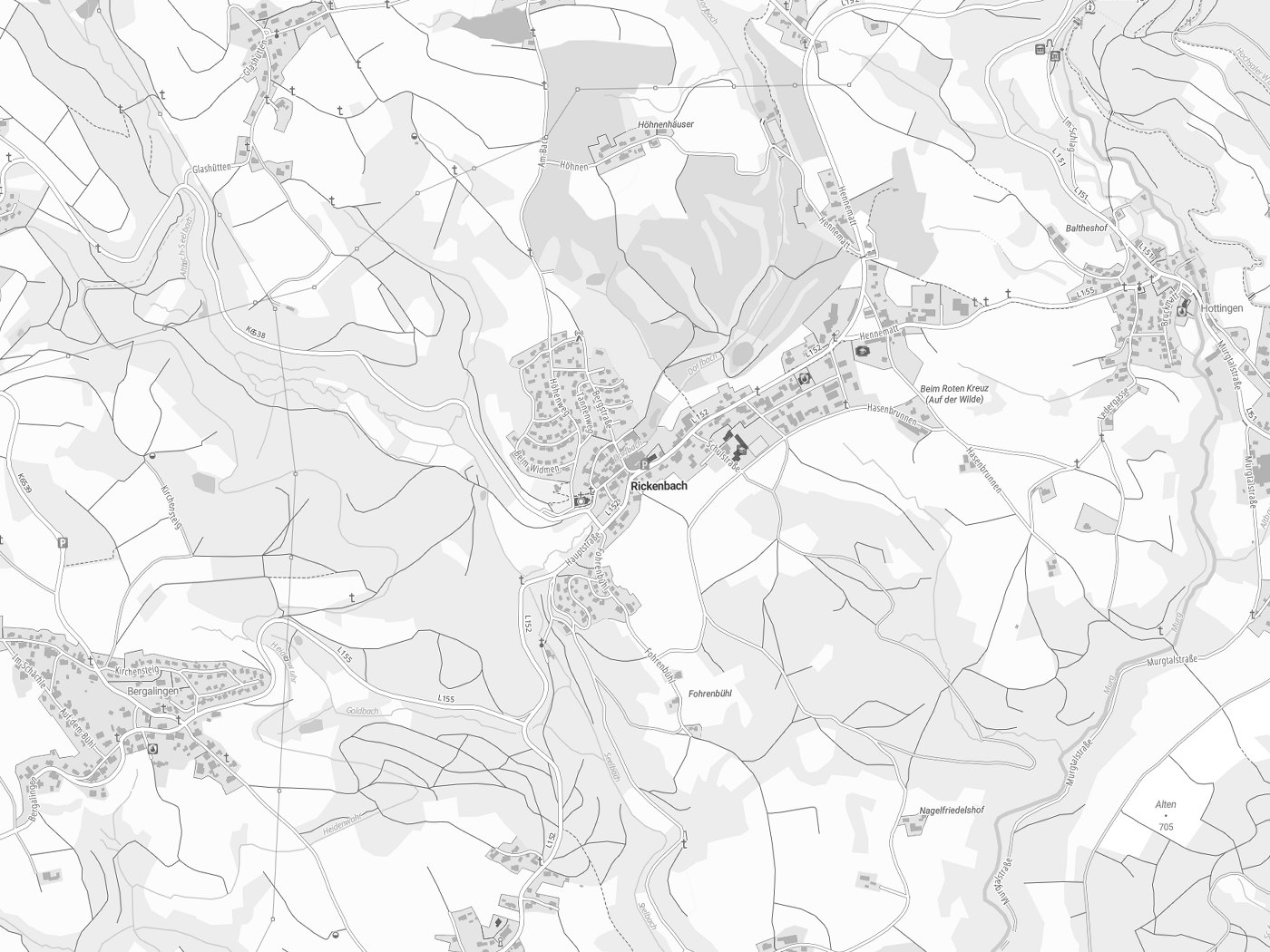 Kartenausschnitt Rickenbach mit Gewässern
