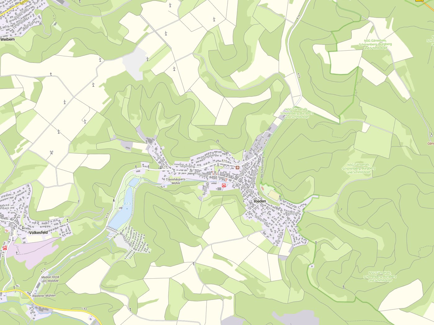 Kartenausschnitt Rieden mit Gewässern