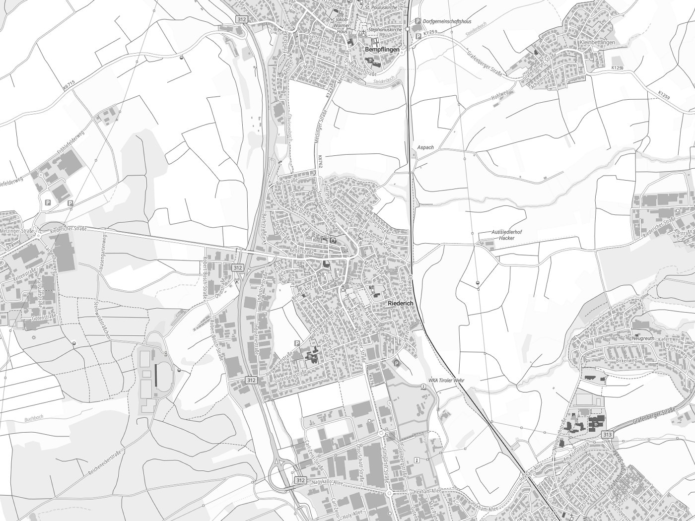 Kartenausschnitt Riederich mit Gewässern