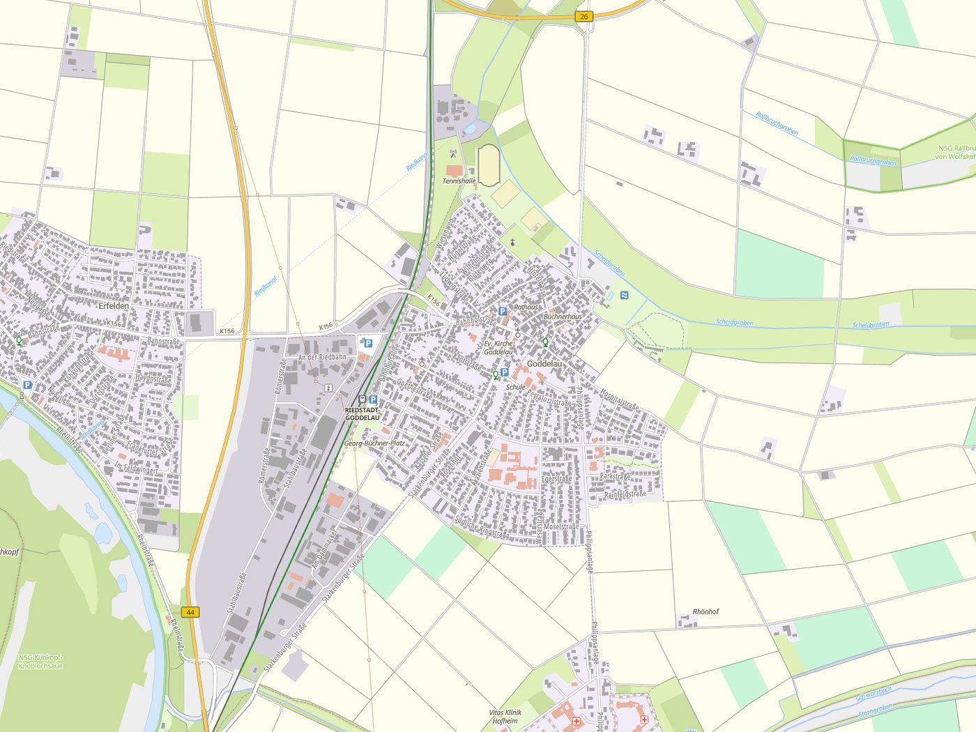 Kartenausschnitt Riedstadt mit Gewässern