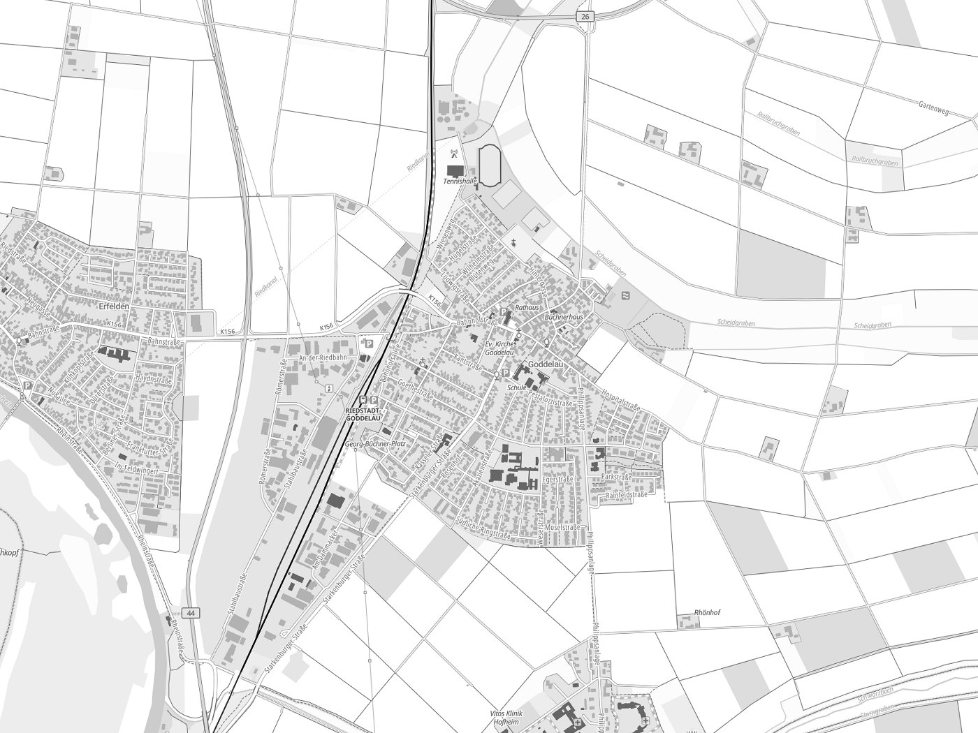 Kartenausschnitt Riedstadt mit Gewässern