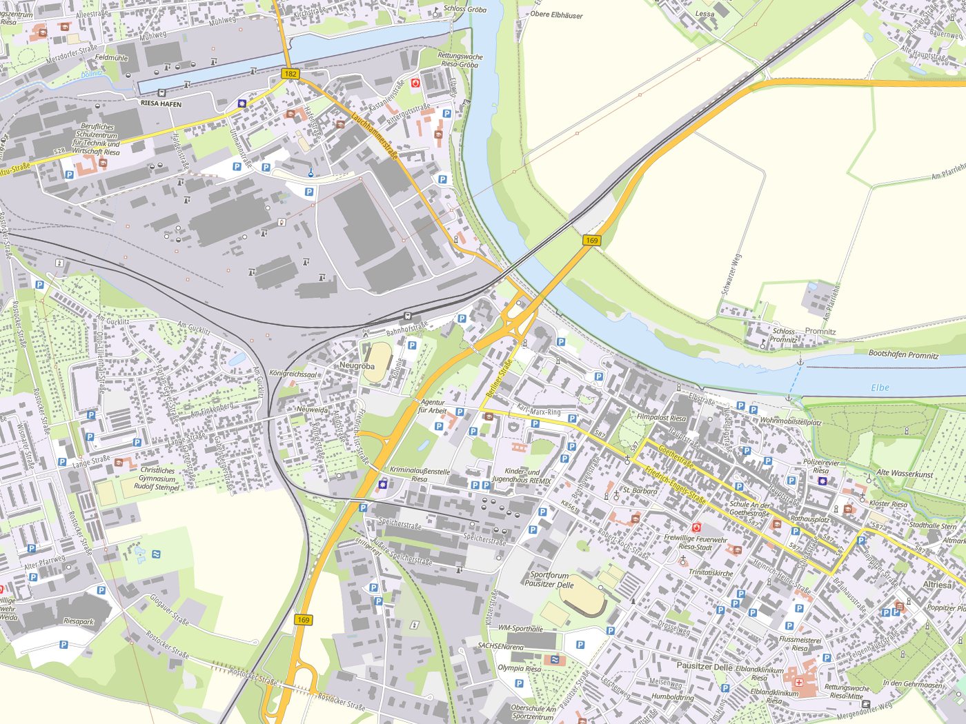 Kartenausschnitt Riesa mit Gewässern