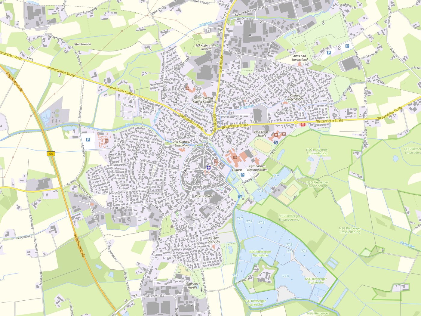Kartenausschnitt Rietberg mit Gewässern