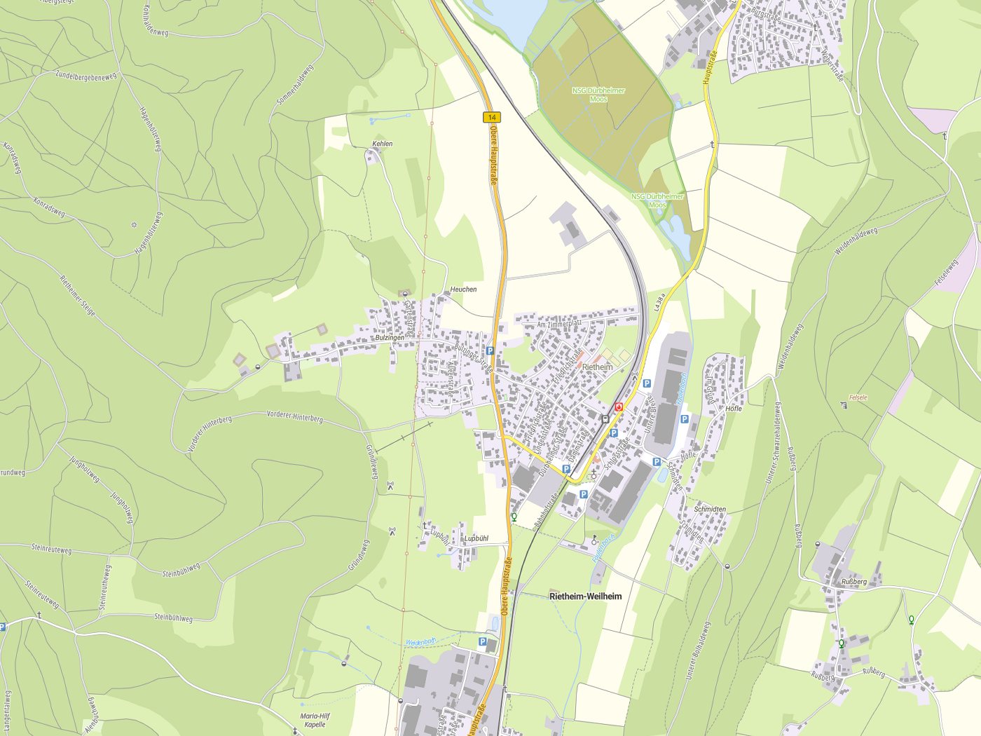 Kartenausschnitt Rietheim-Weilheim mit Gewässern