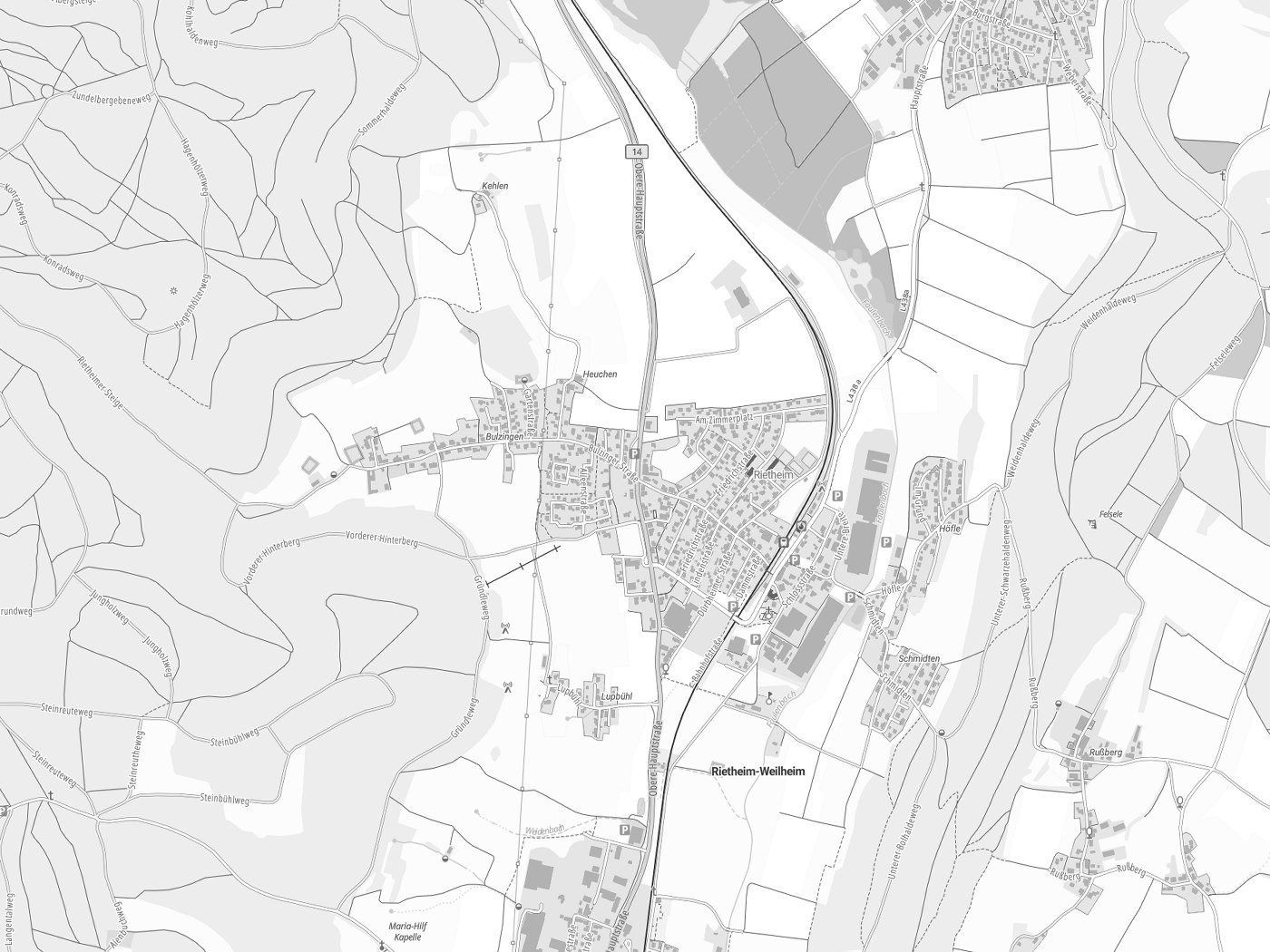 Kartenausschnitt Rietheim-Weilheim mit Gewässern