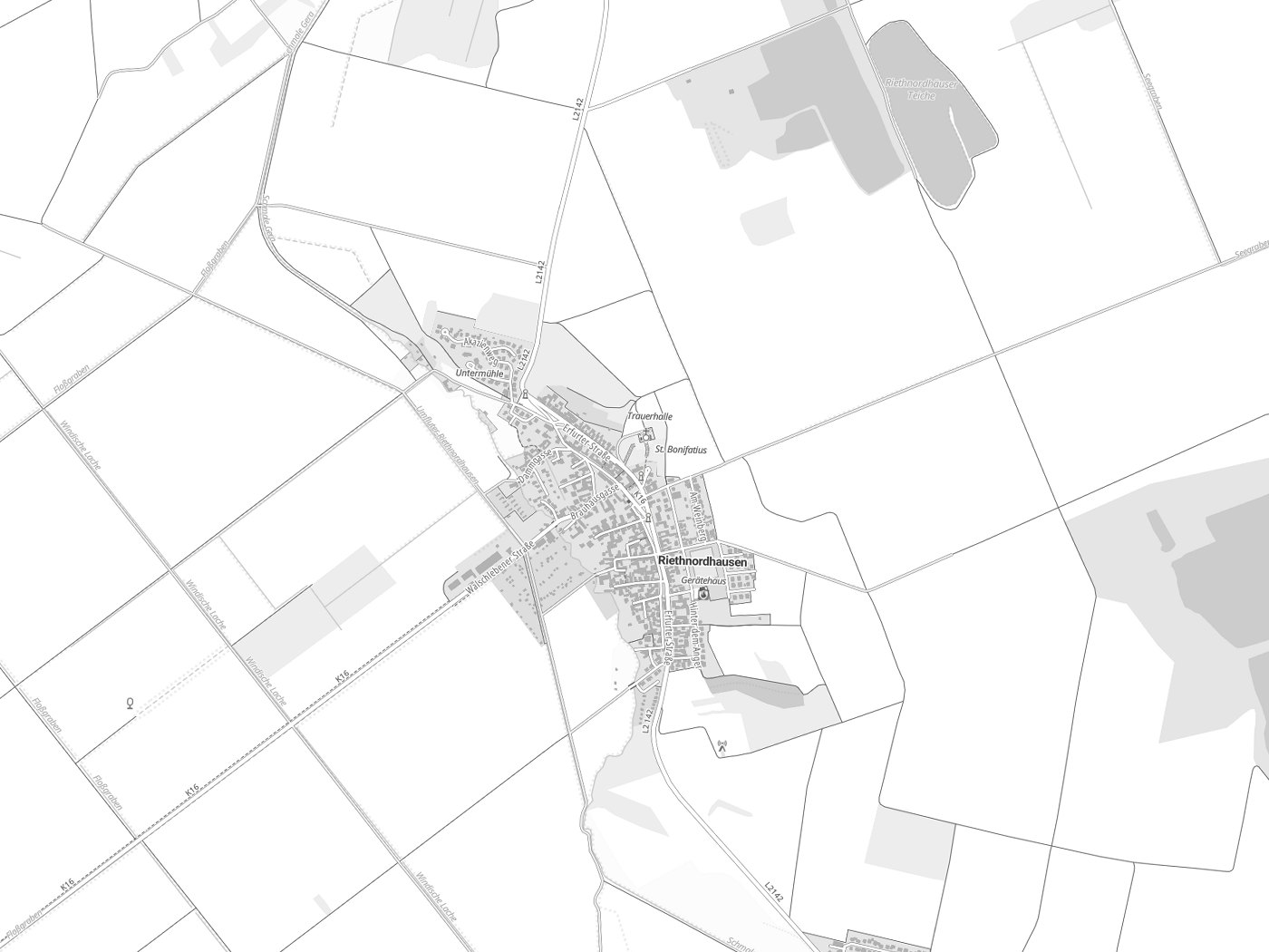 Kartenausschnitt Riethnordhausen mit Gewässern