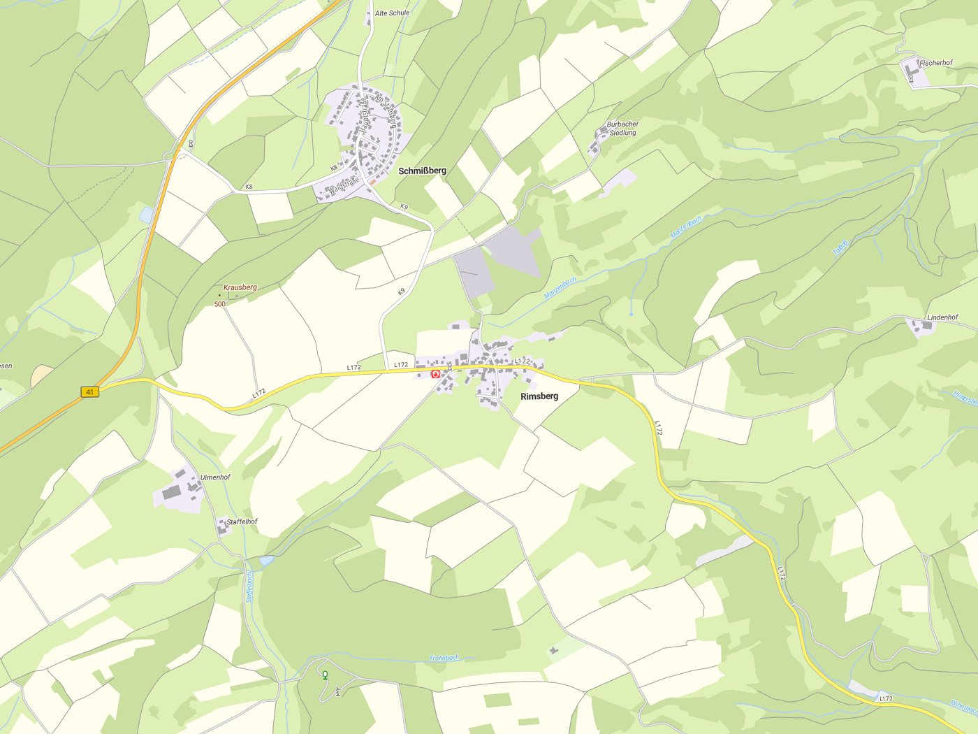 Kartenausschnitt Rimsberg mit Gewässern