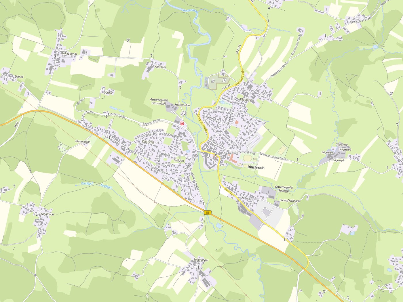 Kartenausschnitt Rinchnach mit Gewässern