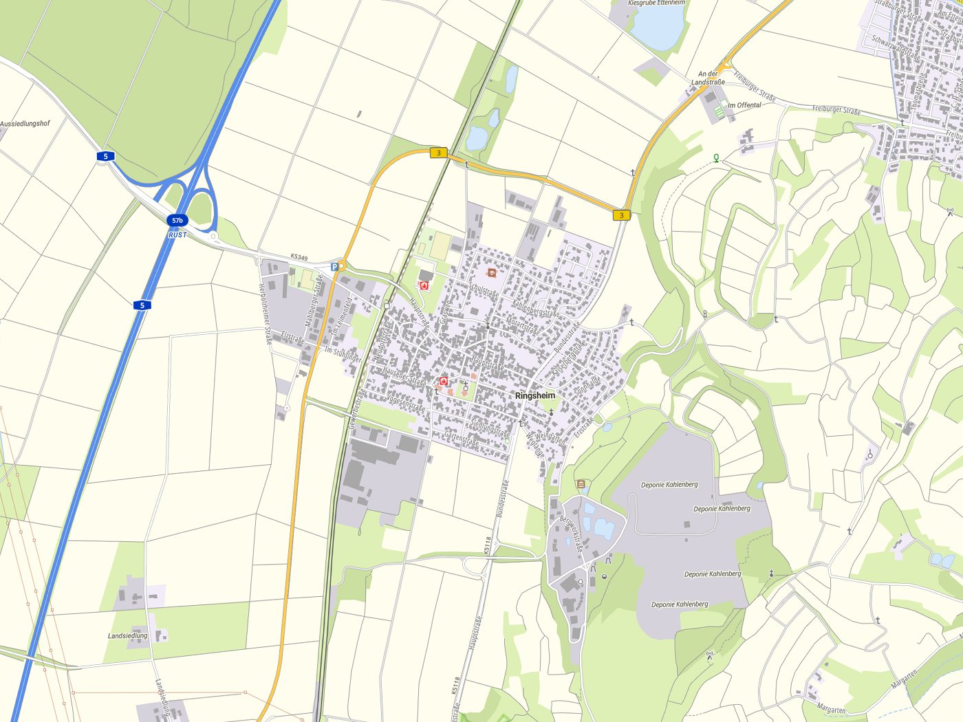 Kartenausschnitt Ringsheim mit Gewässern