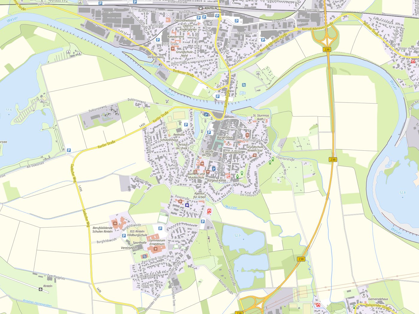 Kartenausschnitt Rinteln mit Gewässern