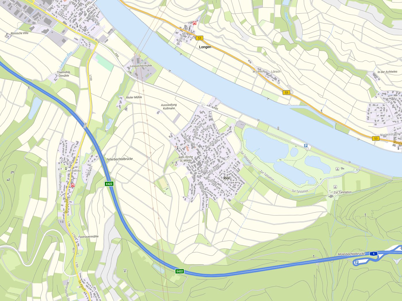 Kartenausschnitt Riol mit Gewässern