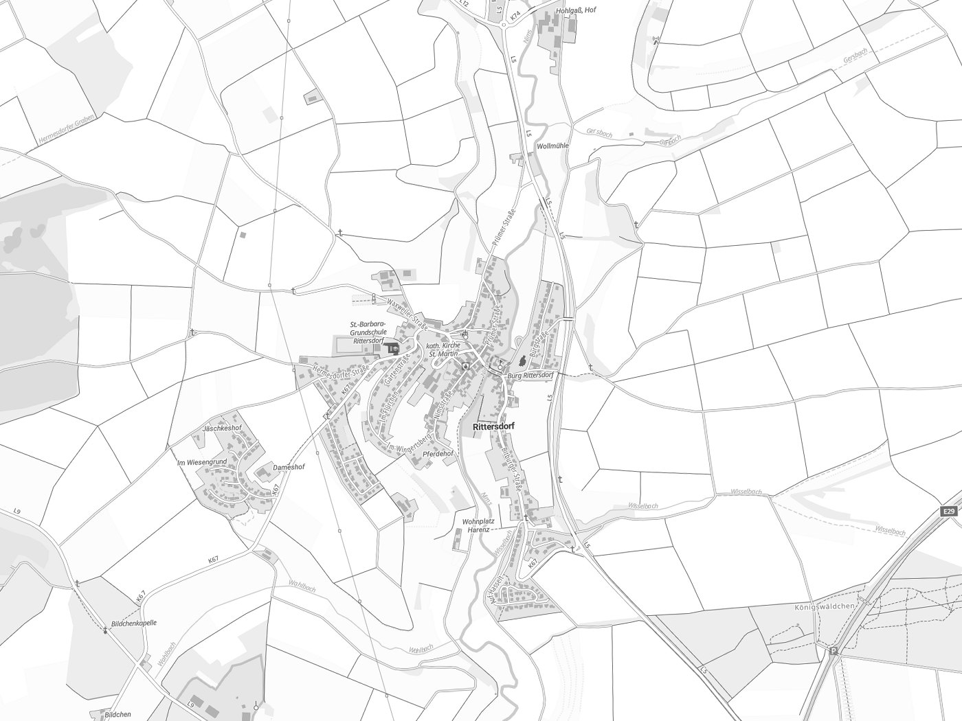 Kartenausschnitt Rittersdorf mit Gewässern