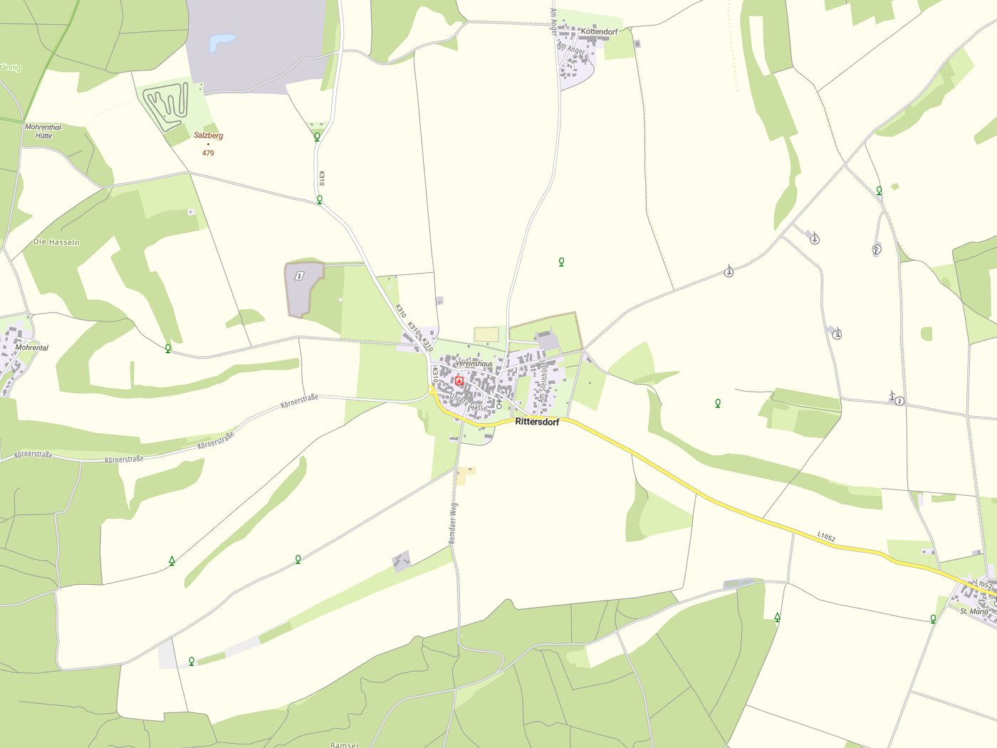 Kartenausschnitt Rittersdorf mit Gewässern